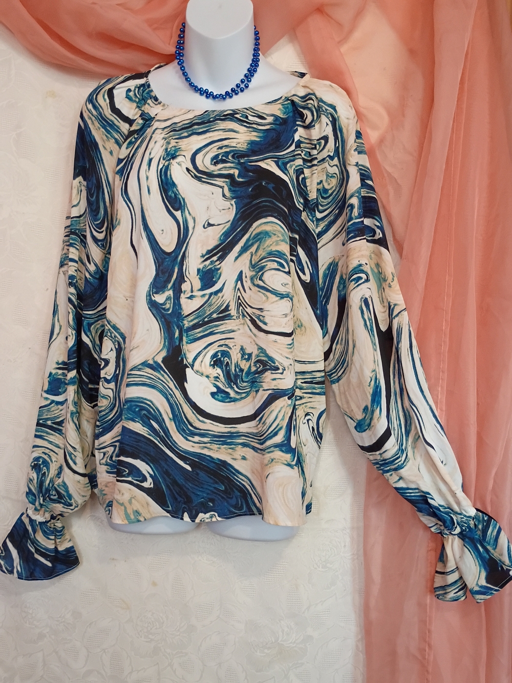 Worthington Ladies Marble-Print Long-Sleeve Blouse in Blue and Cream Sz Lg